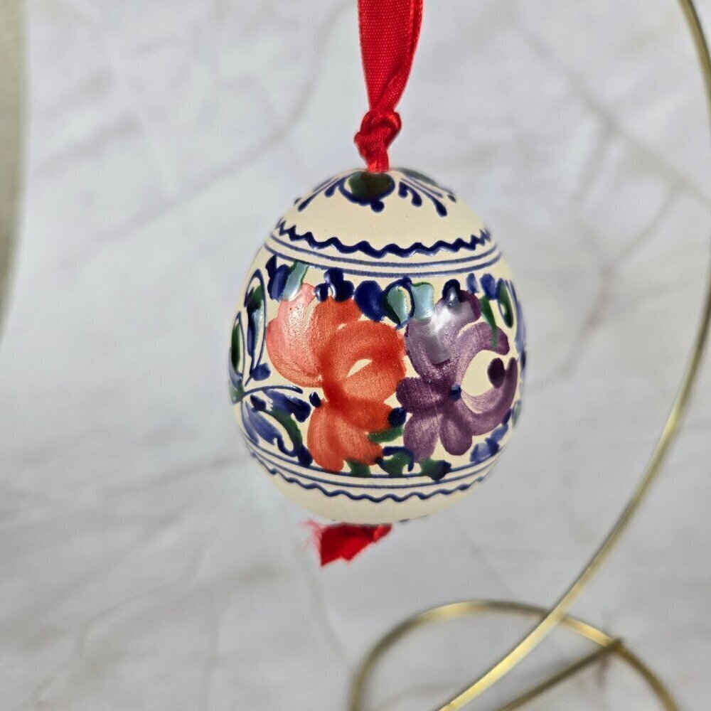 Decorative Hand Painted Ceramic Ornament Egg Floral Pattern Red Ribbon Hanger